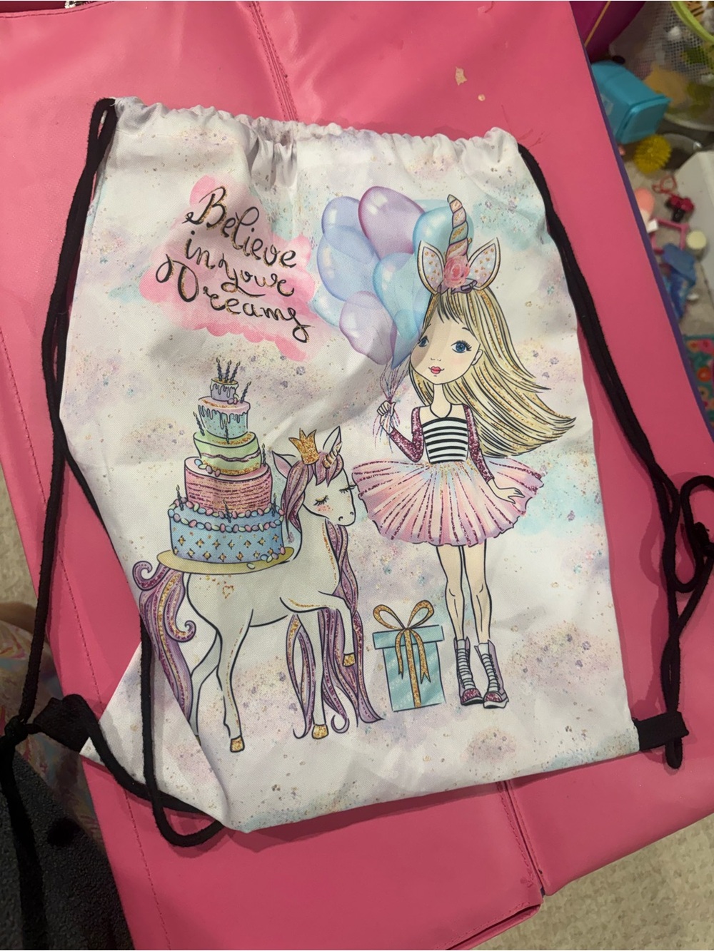Girls Unicorn Drawstring Backpack - Pink Pastel Design